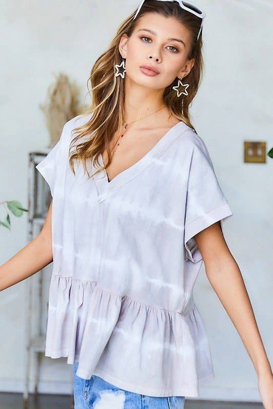 GREY V Neck Drop Shoulder Baby Doll Tie-Dye Top for wholesale on Faire11