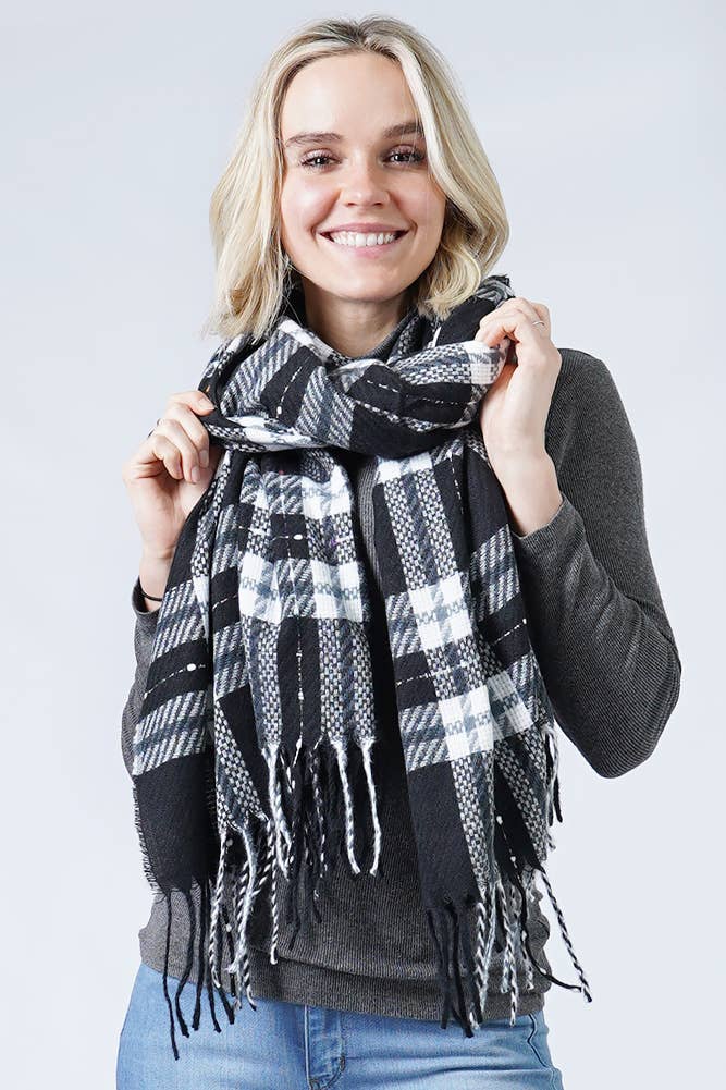Hana - Vente Écharpe – femme - Écharpe à pampilles oblongues à carreaux2