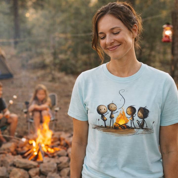 Right Here Is Enough Tee (Campfire Friends) ❤️ Soft Graphic T-Shirt for Moms for wholesale by Rose’s Colored Designs
