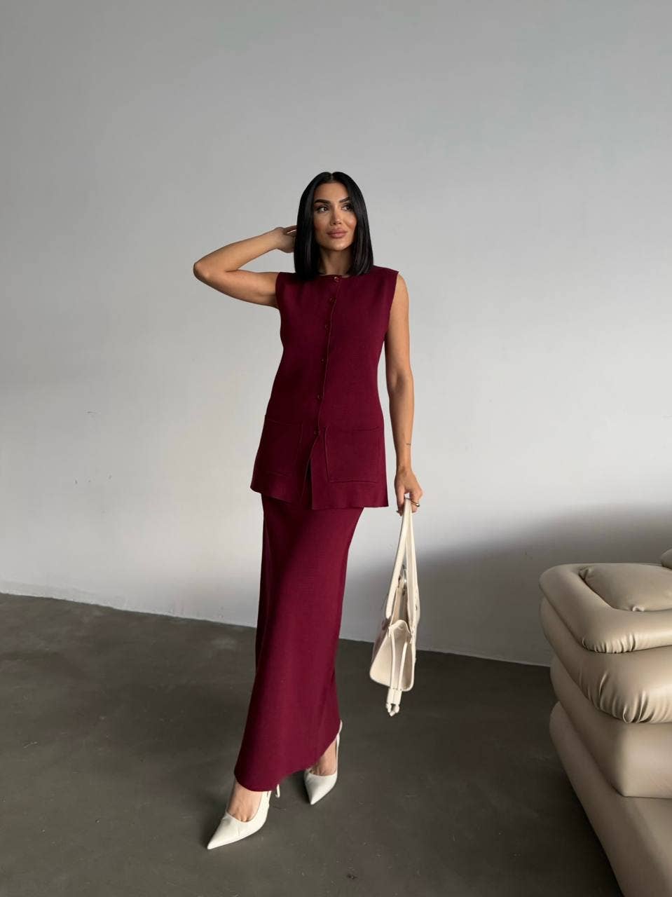 Design company-Fatma Balkir - Venta al por mayor Conjuntos de top y falda - Mujer - Conjunto de falda larga de punto y blusa sin mangas2