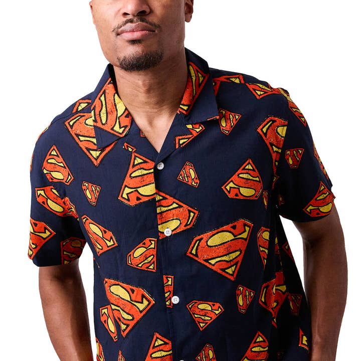 Bioworld Merchandising - Wholesale Button Down Shirt - Men's - Superman S-Shield All-Over Print Men's Collared Button-Up Short Sleeve Shirt4