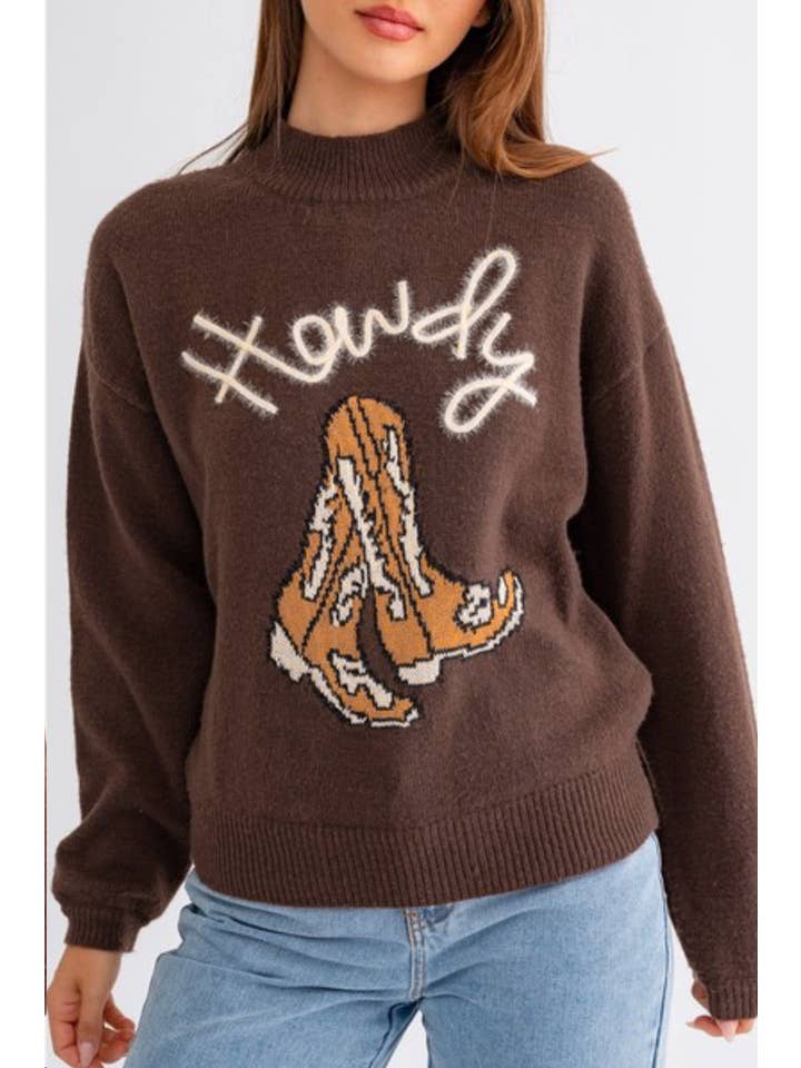 Coffee Howdy Boot Mock Neck Sweater for wholesale on Faire