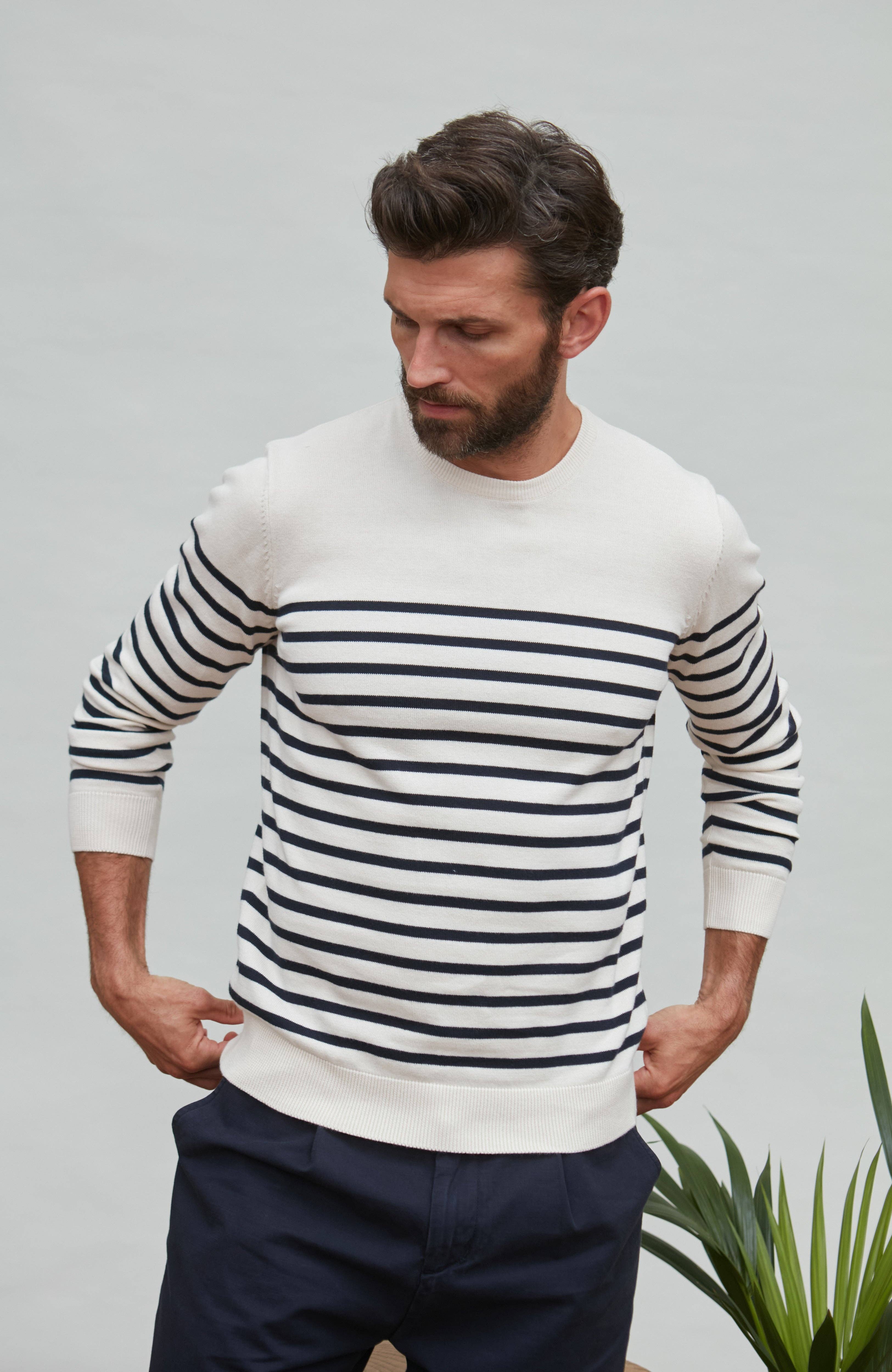 Paul James Knitwear – wholesale Knitted jumper – Men′s – Mens Lightweight Cotton Striped Breton Sweater3