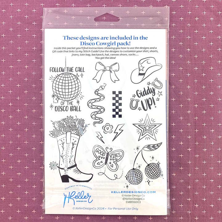 Keller Design Co. - Wholesale DIY Craft Kit - Stick It Stitch It Water Soluble Embroidery Patterns-Disco Cowgirl12