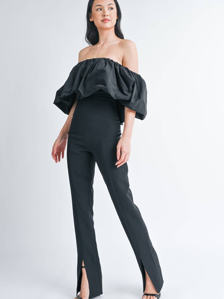 Black IJP2792 BUBBLE OFF SHOULDER BOOTCUT JUMPSUIT WITH FRONT SLIT for wholesale on Faire