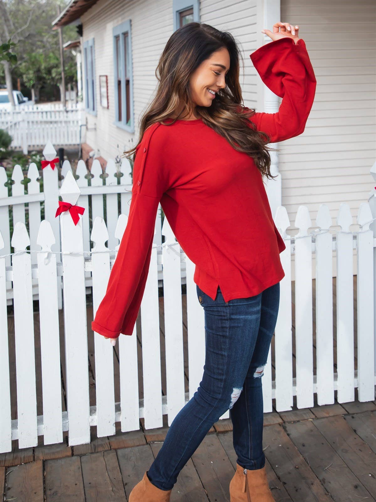 Tickled Teal - Wholesale Blouse - Women's - Bell Sleeve Button Detail Perry Top6