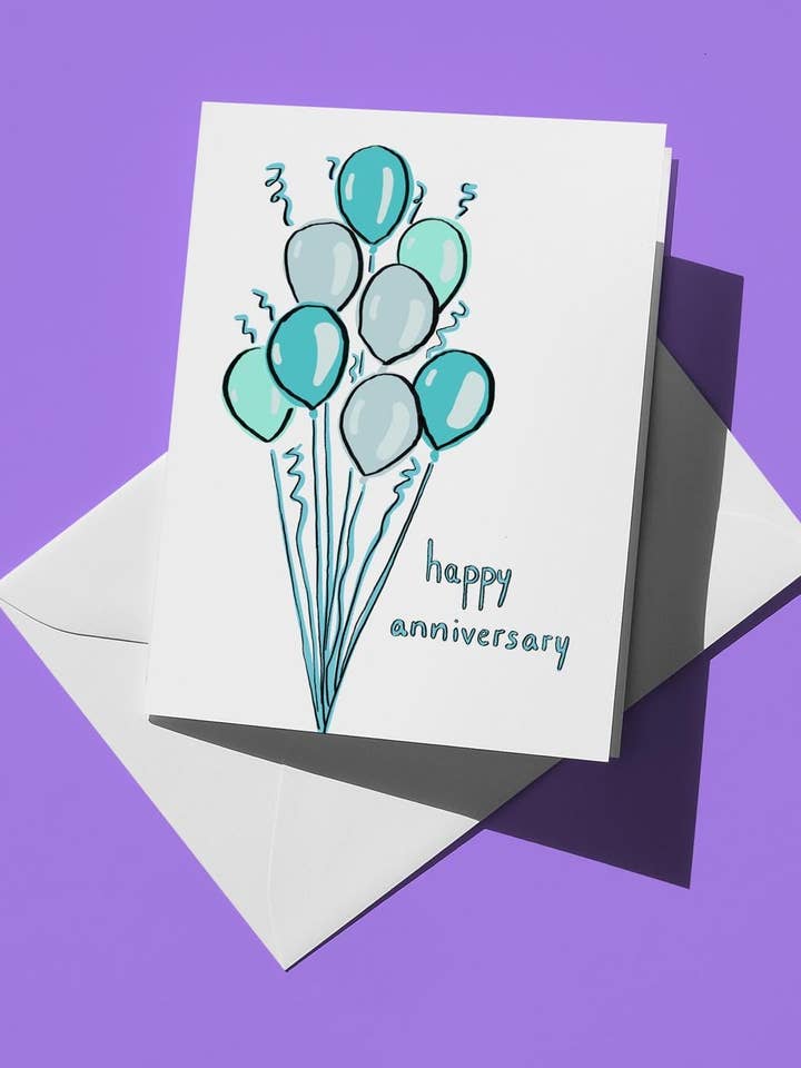 Fun Happy Anniversary Card - Cute Blue Balloons Sweet Greeting Card for Couples, Perfect Romantic Love Note for Him & Her for wholesale by semiserious studio