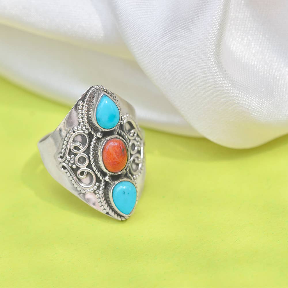 Tiramisu - Wholesale Cocktail/Statement Ring - Turquoise 3 Stone Wide Band Boho 925 Sterling Silver Ring3