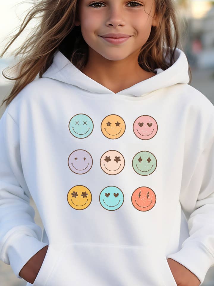 Kids By Kissed Apparel – wholesale Hoodie - Barn – Pastell Smiley Faces Grid Grafisk Huvtröja för barn