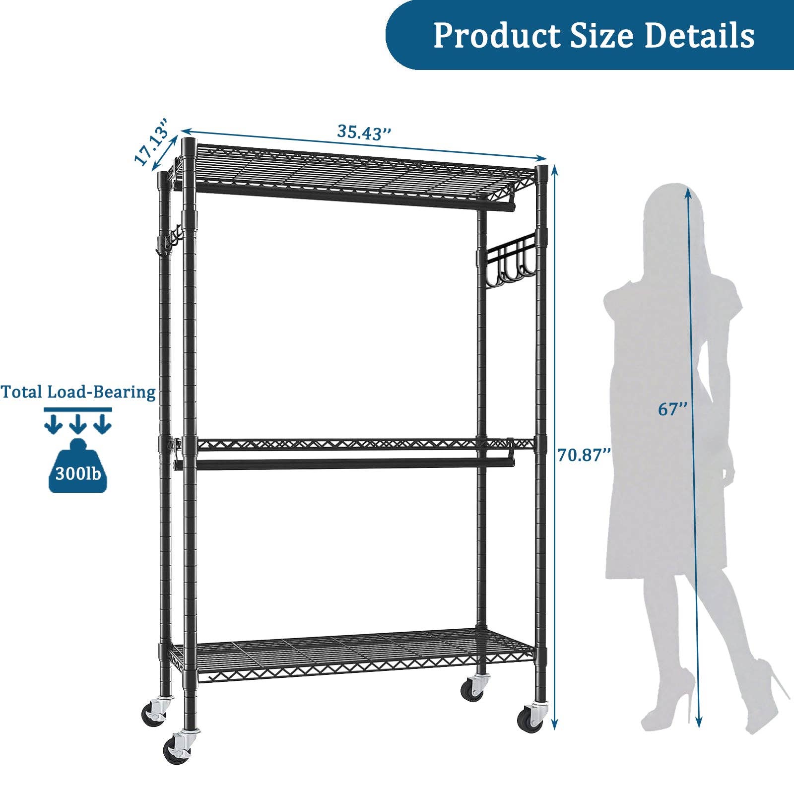 39F Inc. - Wholesale Coat Rack - Black Heavy Duty Rolling Clothes Rack with Shelves & Hooks4