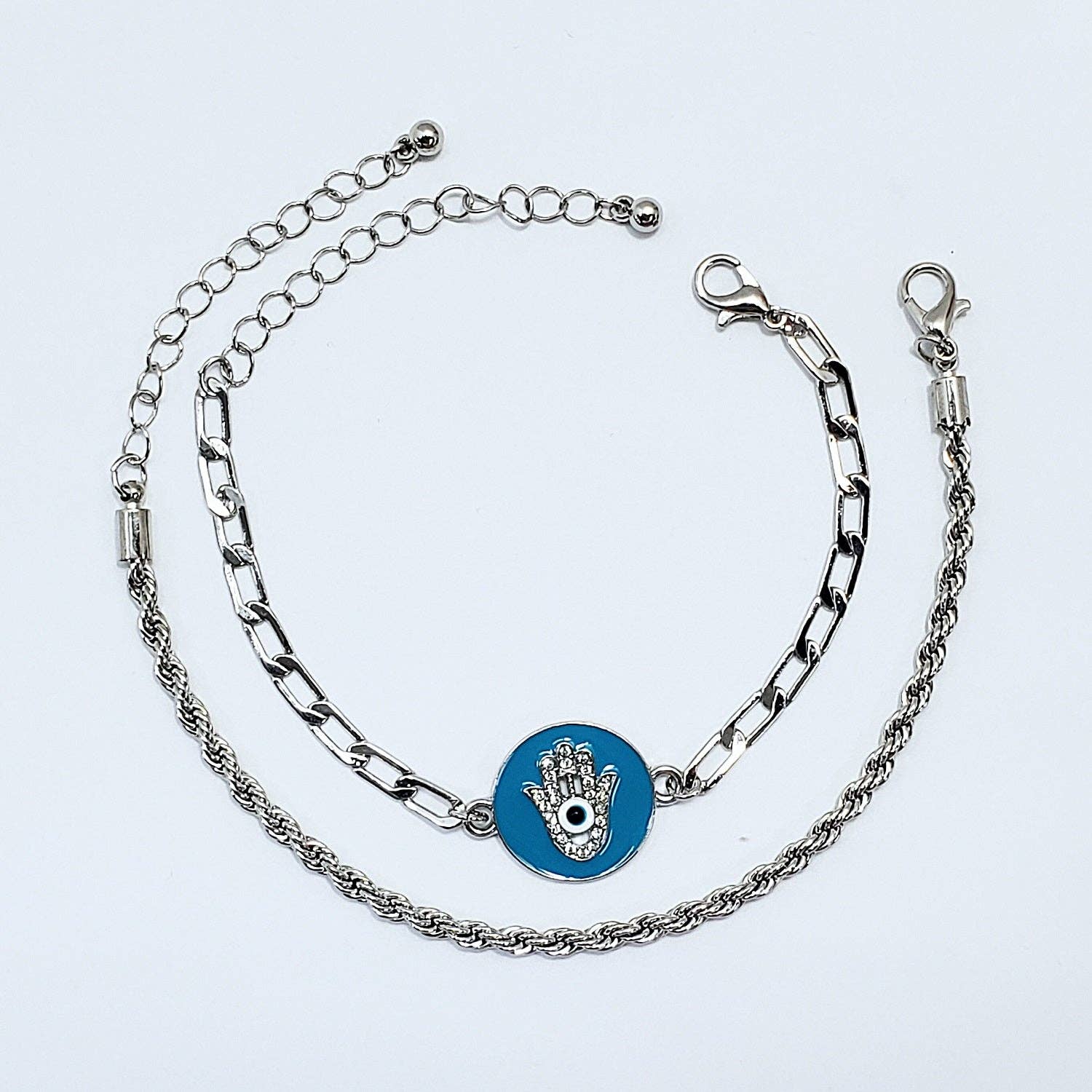 Greater Goods Imports & Wholesale - Wholesale Jewelry Set - B0176 CB1074 Evil Eye Hamsa Design Accented Dainty Chain Bracelets0