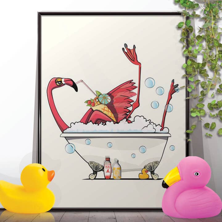 Flamingo in der Badewanne, Badezimmerposter, WC-Humor für den Großhandel von In The Washroom