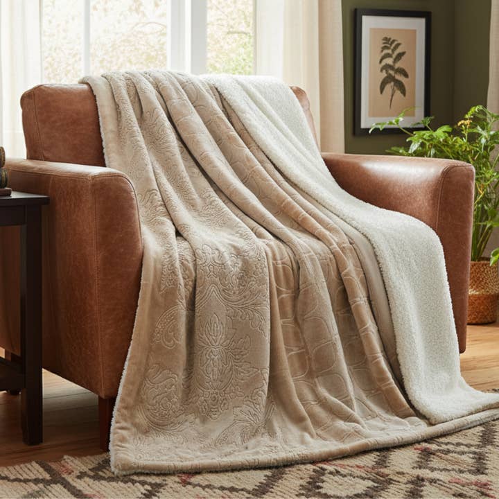Tache Embossed Bubbly Champagne Beige Sherpa Throw Blanket (TA62088) for wholesale by Tache Home Fashion