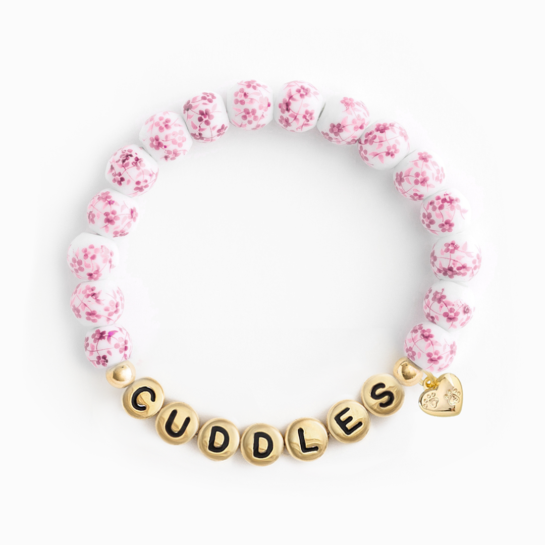 Names For Good - Wholesale Beaded Bracelet - Pink Porcelain Floral Beaded Stretch Bracelet (DOG MOM)2
