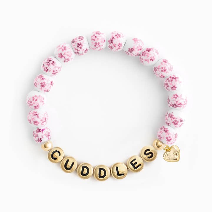 Names For Good - Wholesale Beaded Bracelet - Pink Porcelain Floral Beaded Stretch Bracelet (DOG MOM)2