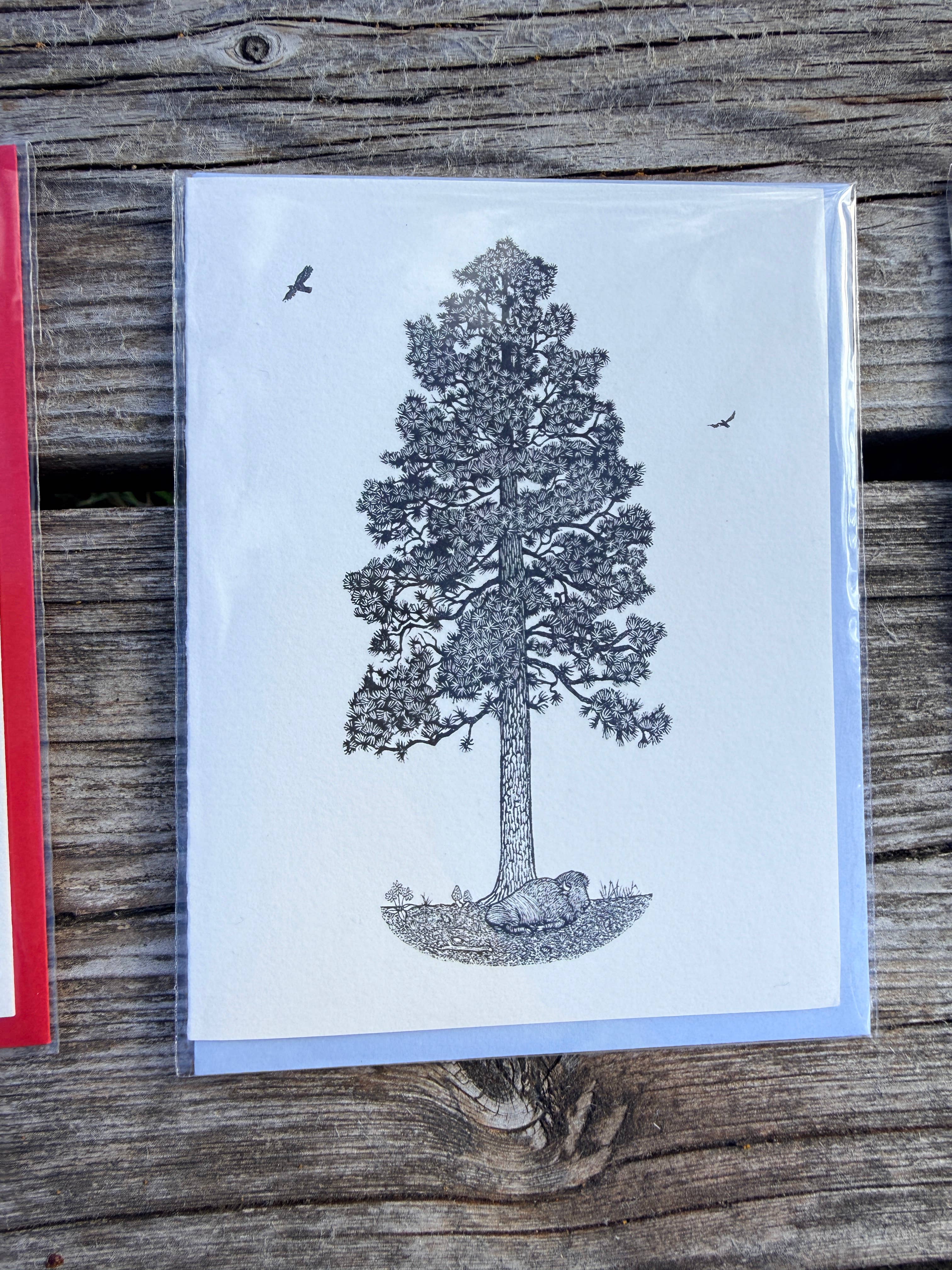 Anomal Press - Wholesale Season's Greetings Card - Big Sky ponderosa tree linocut relief print card5