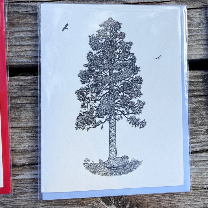 Anomal Press - Wholesale Season's Greetings Card - Big Sky ponderosa tree linocut relief print card5
