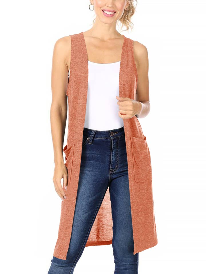 Women's Casual Solid Knit Long Vest with Pockets for wholesale by MOA COLLECTION