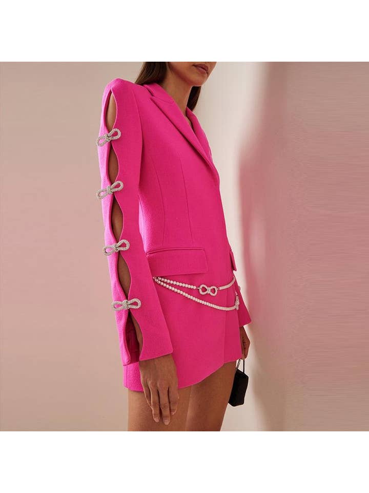 Holly Pink Oversized Blazer with Rhinestone Bowtie and Pearl Chain for wholesale on Faire