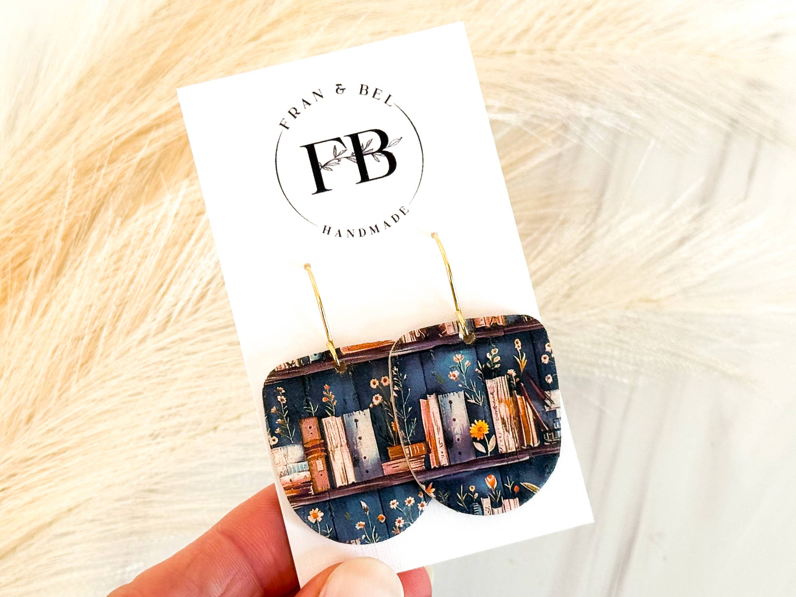 Fran and Bel - Wholesale Dangle Earrings - Navy Book Print  U-Shaped Leather Earrings3