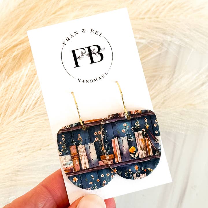 Fran and Bel - Wholesale Dangle Earrings - Navy Book Print U-Shaped Leather Earrings3