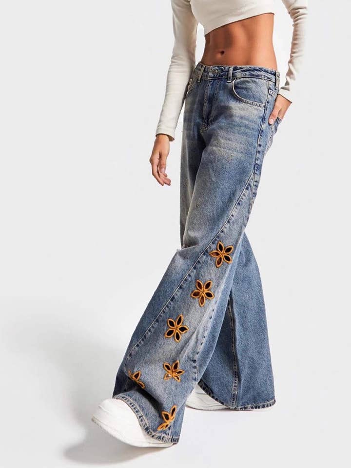 Blue High Waist Flower Embroidered Wide Leg Jeans DP25G689 for wholesale on Faire5