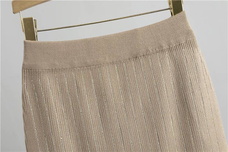 HIDDENBRAND - Wholesale Top & Skirt Set - Women's - hotfix rhinestone zip up knit hoodie jacket & midi skirt set9