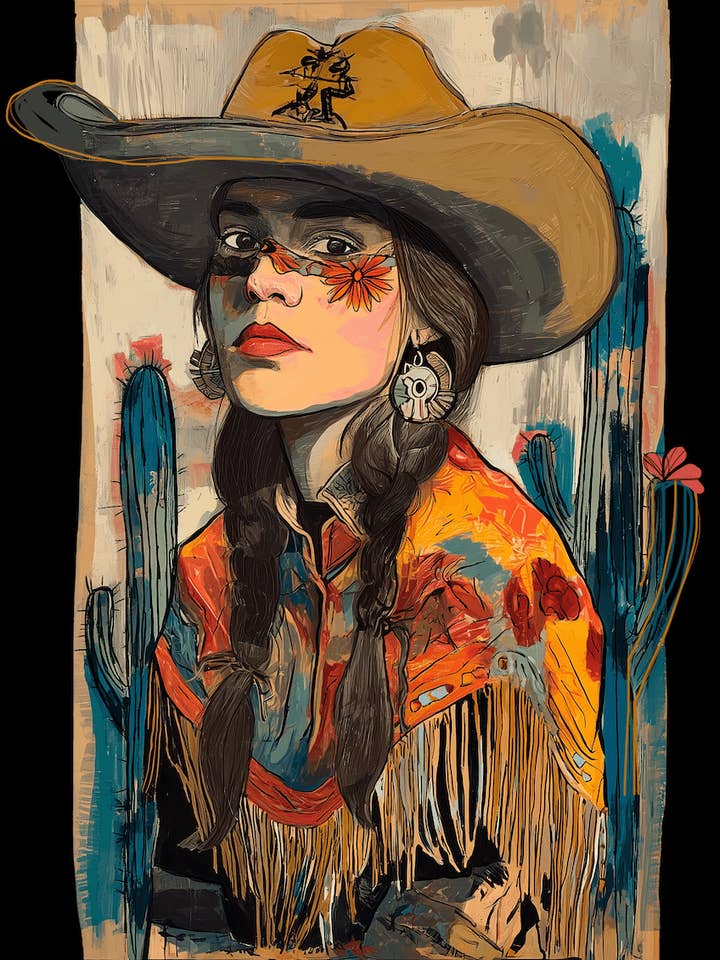 Cowgirl Delia - Höj volymen; Sydvästra färgglada toner - 8"x10" konstverk för 11"x14" ram för wholesale av Mowbi