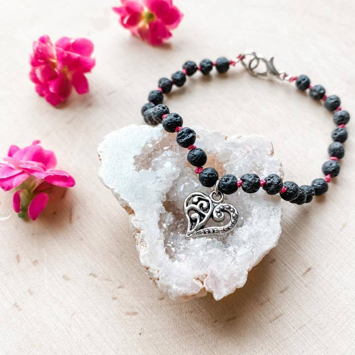 Heart Charm & Lava Stone Bracelet for wholesale by 100 Graces