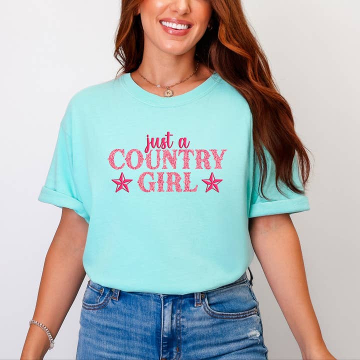 Just A Country Girl Stars Glitter Puff Garment Dyed Tee for wholesale by Olive And Ivory Wholesale