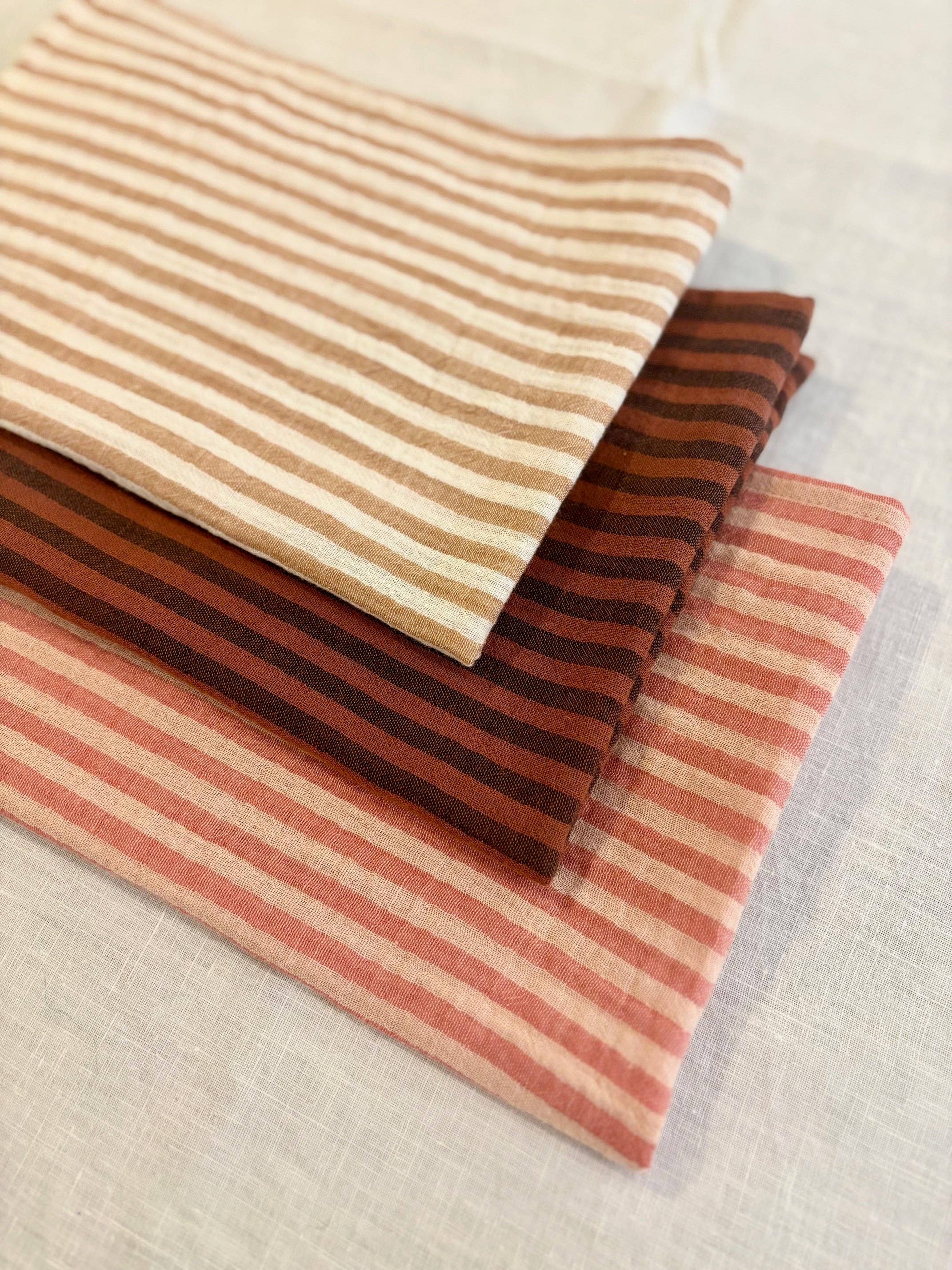 CHARMY - Wholesale Hand Towel - 3 cotton gauze hand towels, made in France, striped toffee, paprika, and caramel2