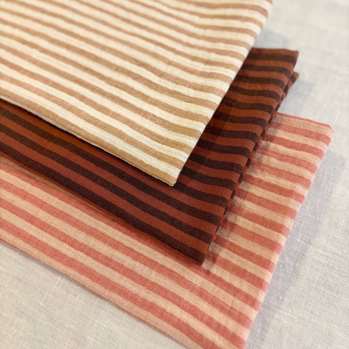 CHARMY - Wholesale Hand Towel - 3 cotton gauze hand towels, made in France, striped toffee, paprika, and caramel2