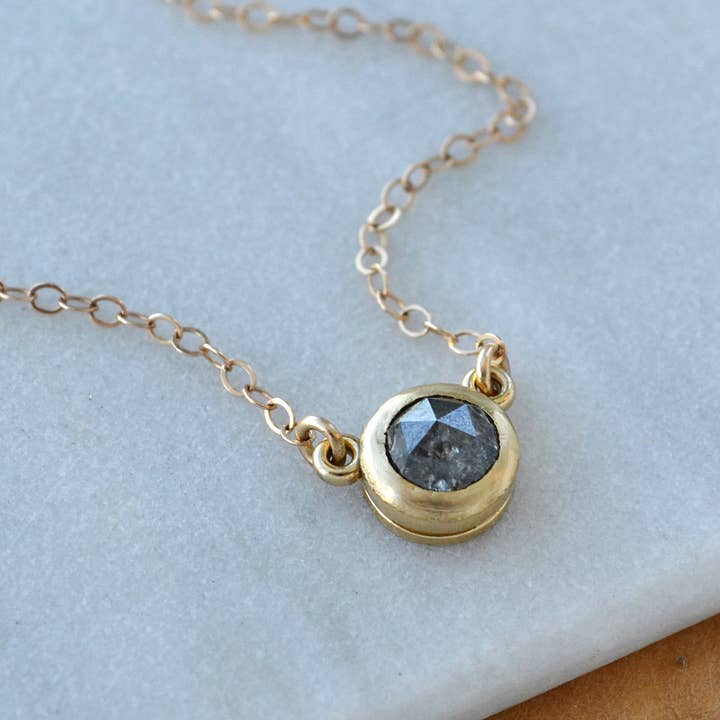 Floating Diamond Necklace - diamond necklace with rustic grey diamond 14K Gold for wholesale by Foamy Wader