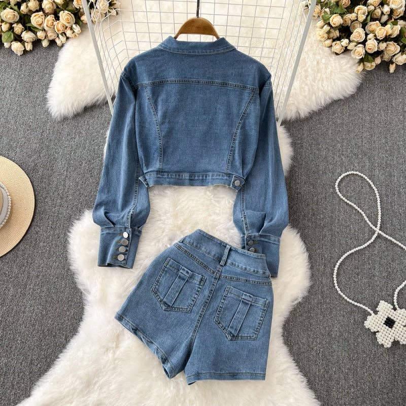 BLUE Cropped Denim Jacket and High-Rise Shorts Set for wholesale on Faire4