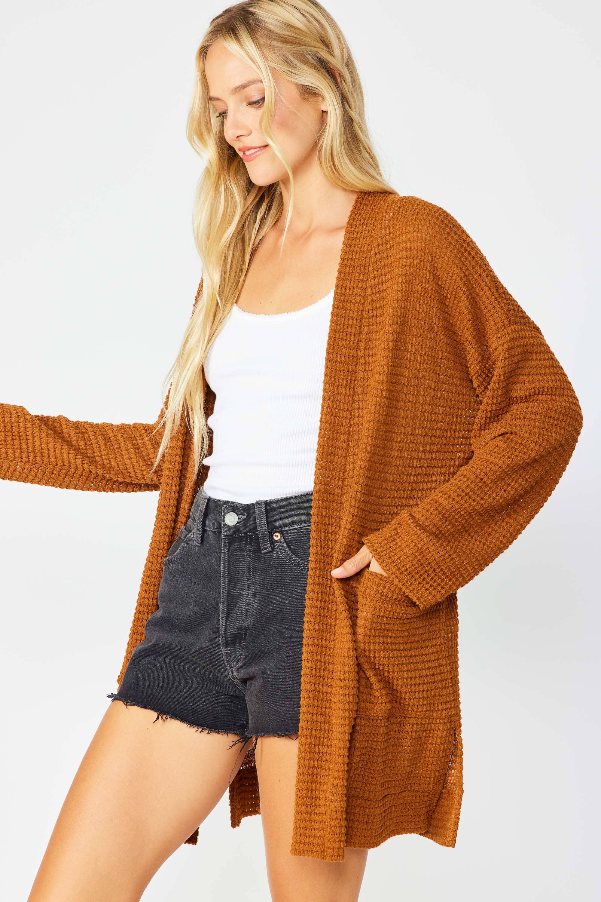 FSL Apparel - Wholesale Cardigan - Women's - SJ1005 - WAFFLE KNIT OPEN FRONT CARDIGAN WITH POCKETS5