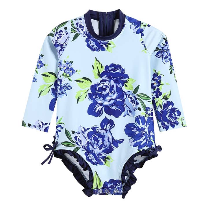 Lil Cactus - Wholesale One Piece Swimsuit - Kids - Special Purchase - Blue Rose Long Sleeve Ruffle Swimsuit