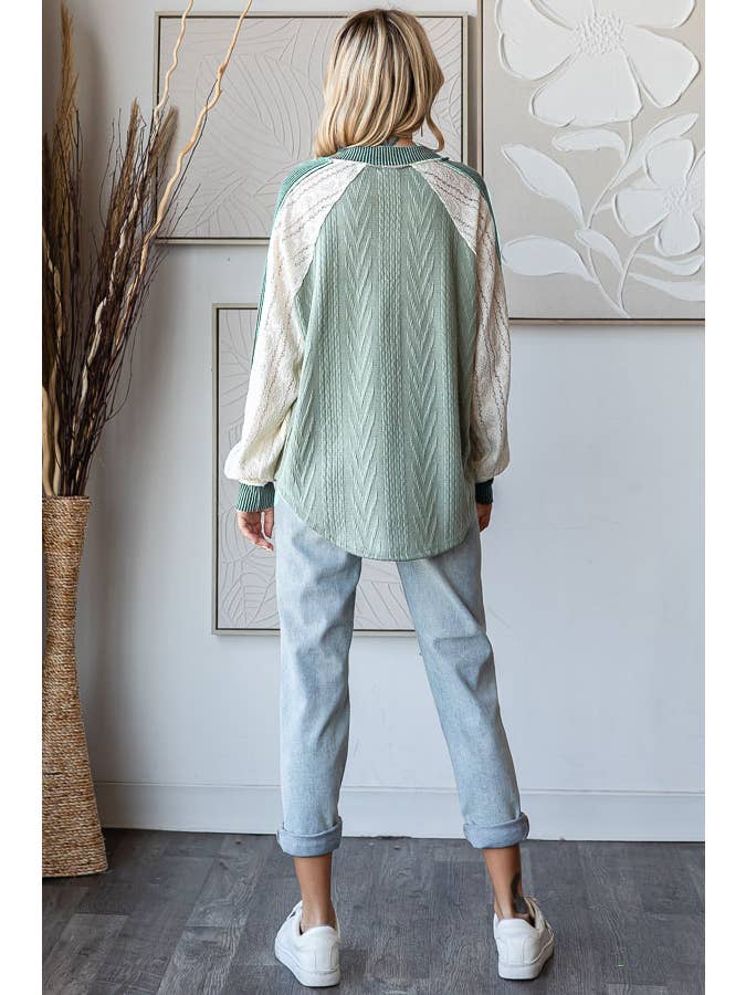 7th Ray - Wholesale Knit Top - Women's - Cable Knit Color Block V Neck Long Sleeve Top T5694