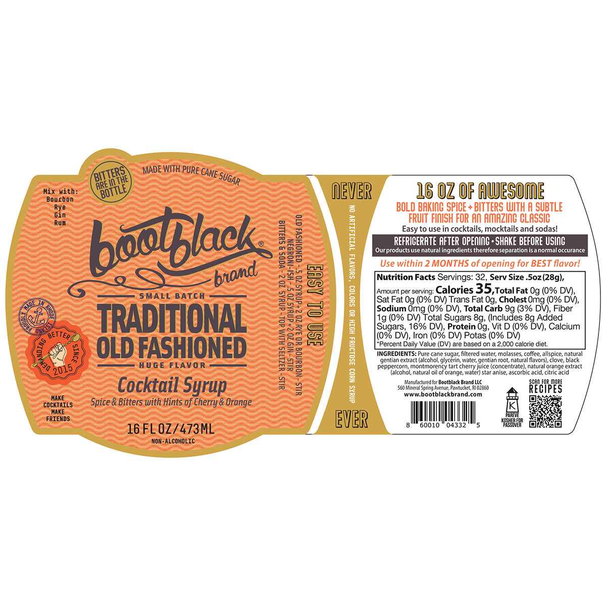 Bootblack Brand - Wholesale Cocktail Mix/Syrup - Traditional Old Fashioned Cocktail/Mocktail Syrup - 16OZ1
