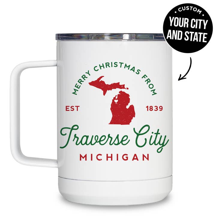Personalized City and State Christmas Mug, Double sided print, 15oz Tumbler for wholesale by The Local Mug Co.