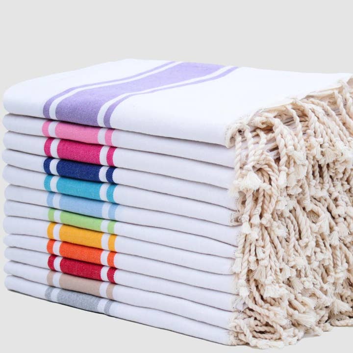 Fouta Tunisia - Vente Serviette de plage - Fouta blanche à bandes colorées
