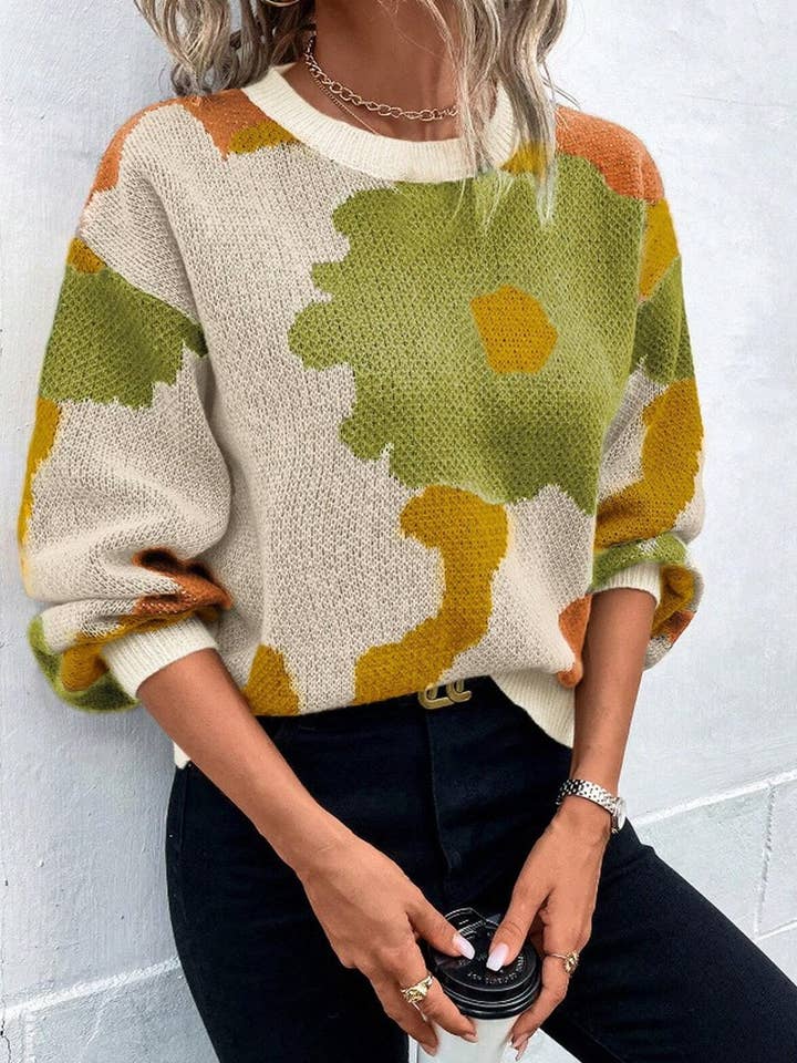 NINEXIS - Wholesale Knit Sweater - Women's - CWOSWL5555_JACQUARD CREW NECK LONG SLEEVE KNITTED SWEATER