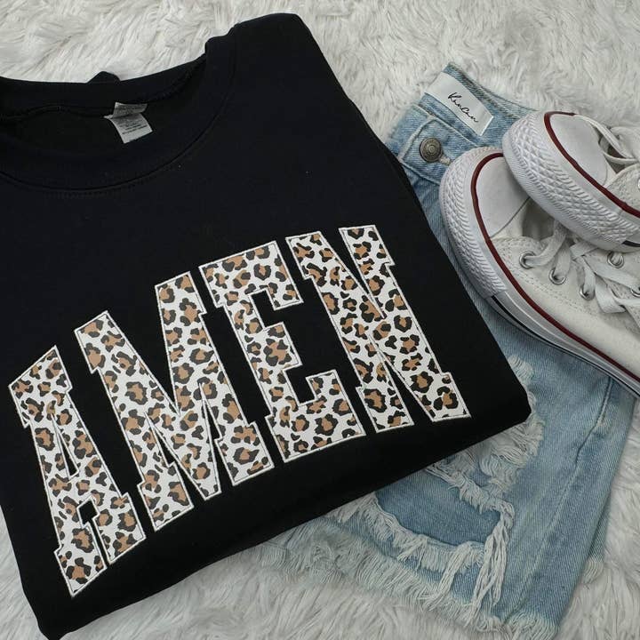 Amen Leopard Patterned Embroidery Crew Fleece for wholesale by Dockery Corporation