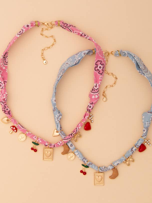 Bandana Necklace with Cherry and Heart Gold Trinkets for wholesale by SP Sophia Collection