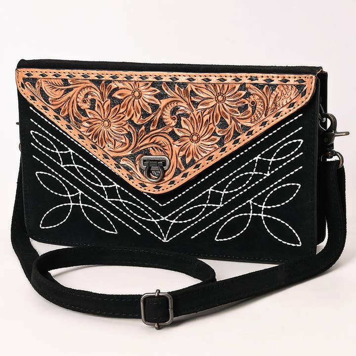 LS Western - Wholesale Crossbody Bag - Women's - ADBG1623A Western Floral Tooled Leather Envelope Bag - Black Genuine suede Envelope by American Darling