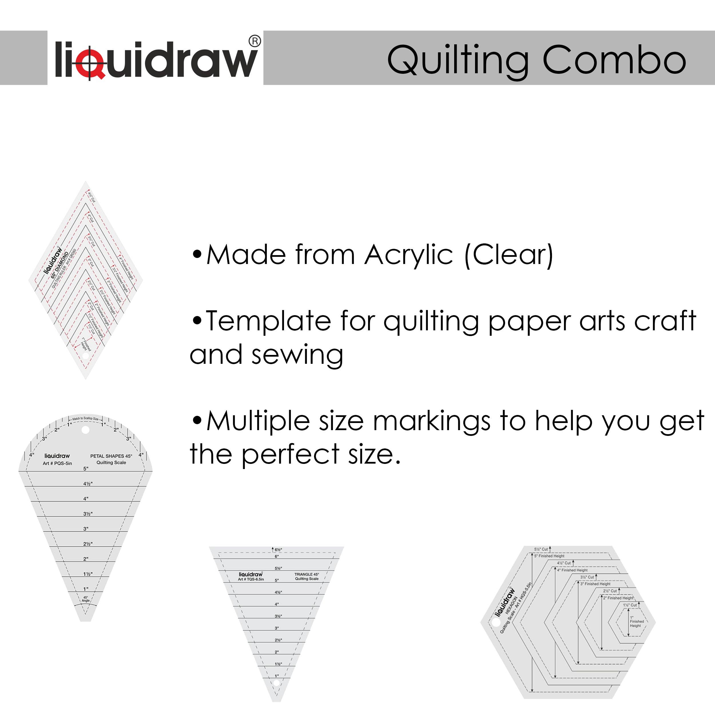 Liquidraw – wholesale Craft tool – Liquidraw Quilting Templates & Rulers for Patchwork Acrylic Stencils Quilting Sewing Ruler Set of 4 Hexagon, Triangle, Petal & Diamond Shapes4