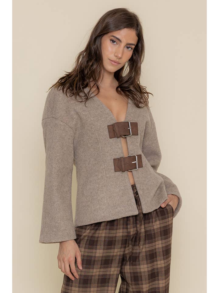 MELANGE MOHAIRT BELTED JACKET- OI6520FO for wholesale on Faire