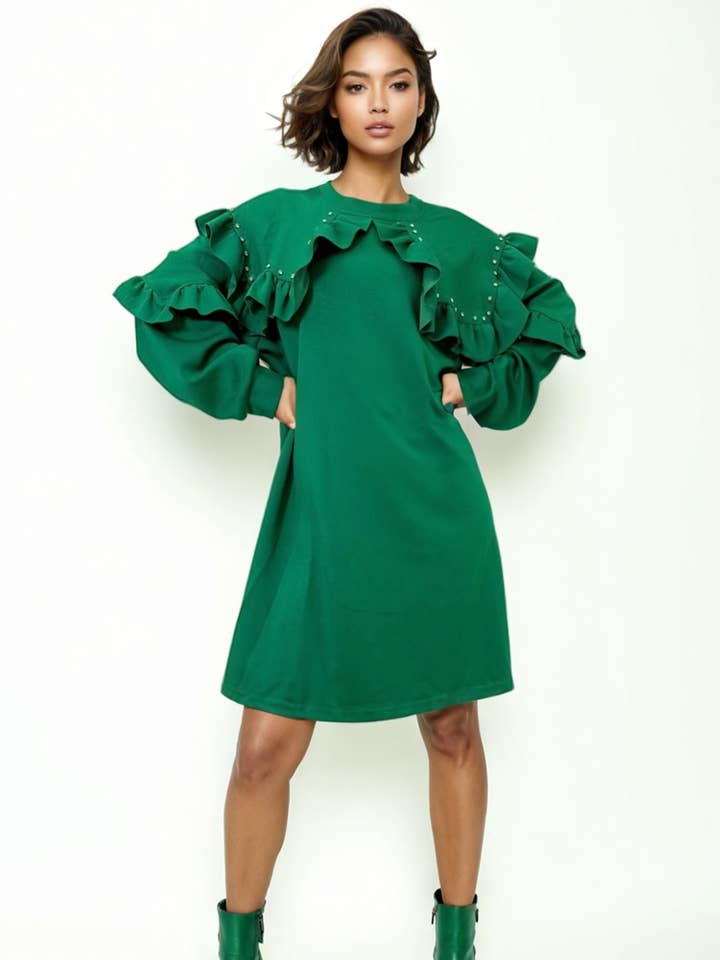 W8381 RUFFLE DRESS (BLK, GRN, MAGENTA) for wholesale by N by Nancy