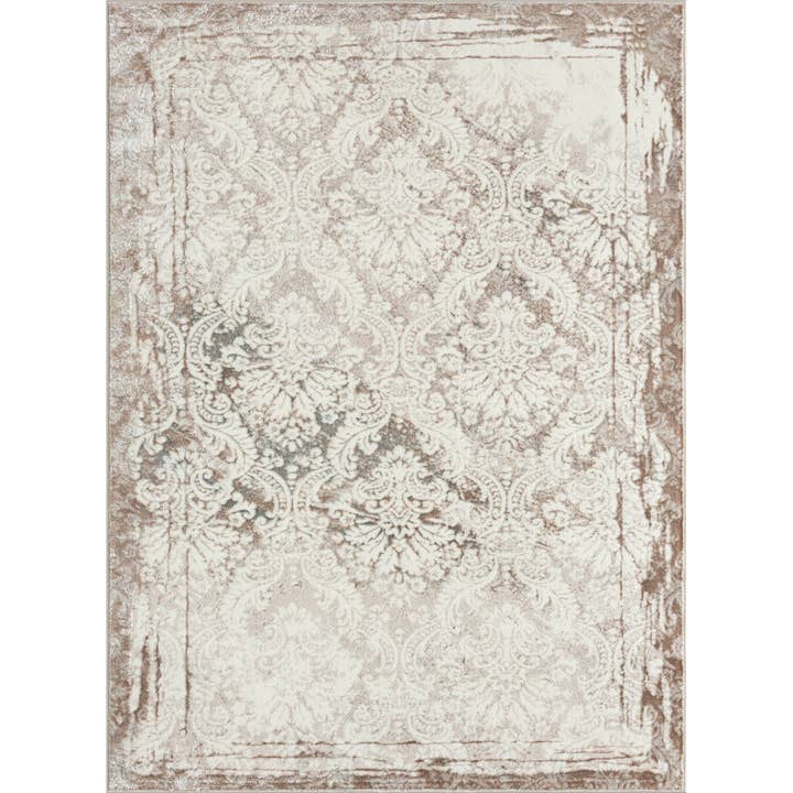 Angela Bordered Damask Brown/Beige Polyester Indoor Area Rug for wholesale by LR Home