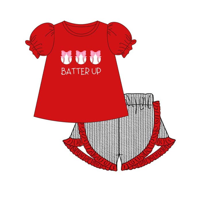 Conjunto de shorts de béisbol universitario rojos con lazo "Batter Up" para venta al por mayor de Little Peas