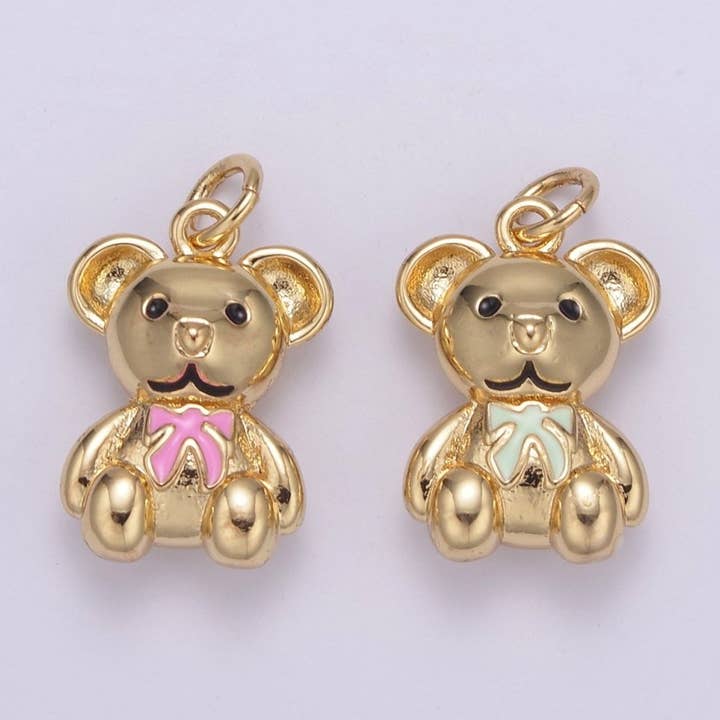 Dainty 14k Gold Filled Teddy Bear Charm with Pink / Green Ribbon Mini Bear Pendant for Bracelet Necklace Earring C-206 C-212 for wholesale by Aim Eternal